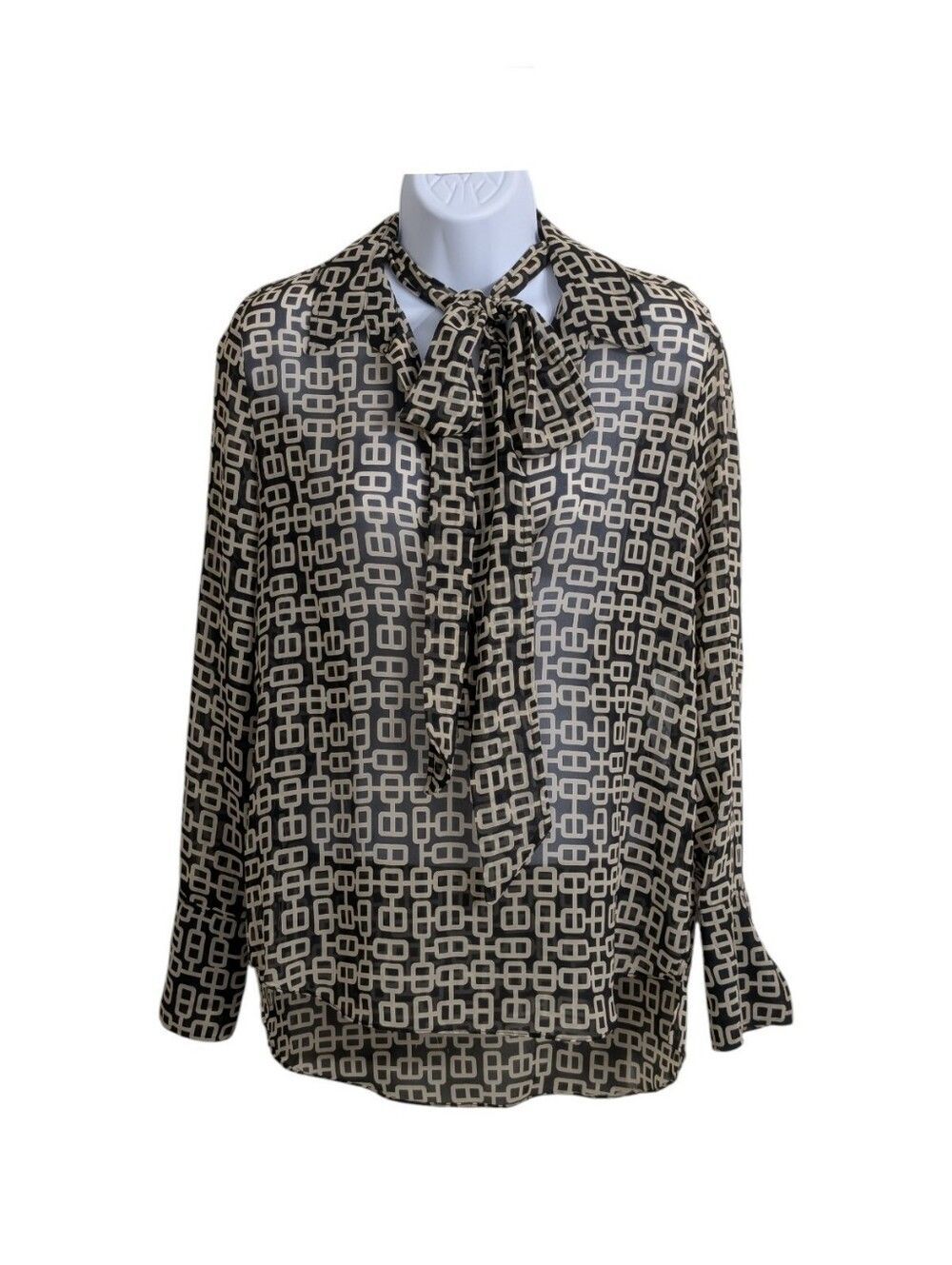 Zara Woman Geo Print Chiffon Tie-Neck Blouse Size S/XS Semi-Sheer Black Cream